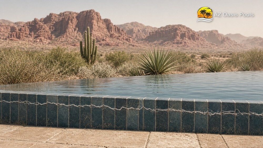 Arizona desert pool with a white calcium scale line on the waterline tile and red rock mountains behind