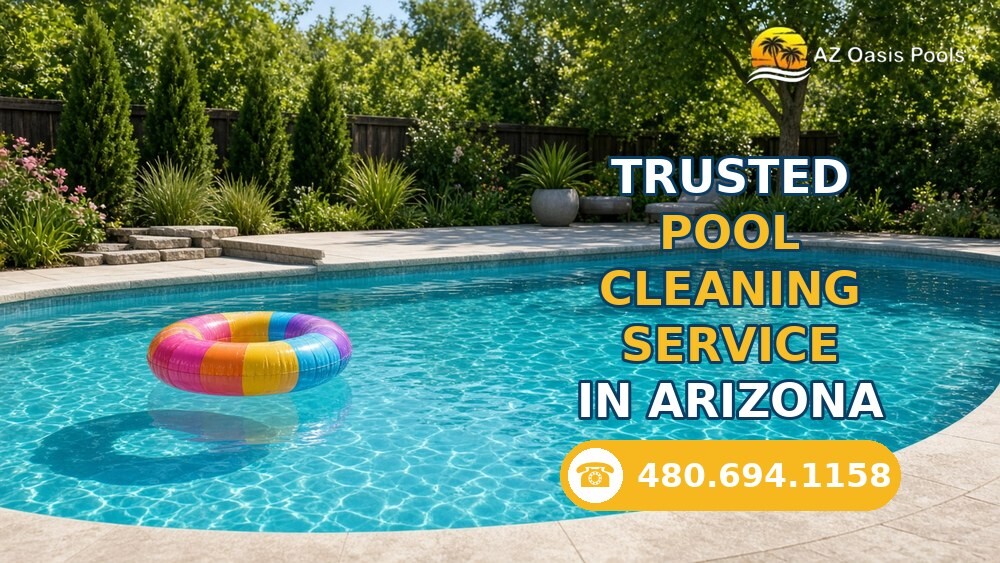 Inviting backyard pool with a rainbow float; Trusted Pool Cleaning Service in Arizona, call 480.694.1158