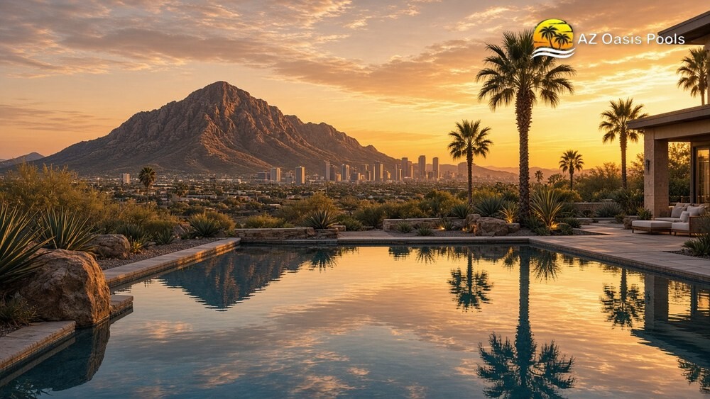 Clean backyard pool at golden hour with palm trees, a desert mountain and the Phoenix skyline behind