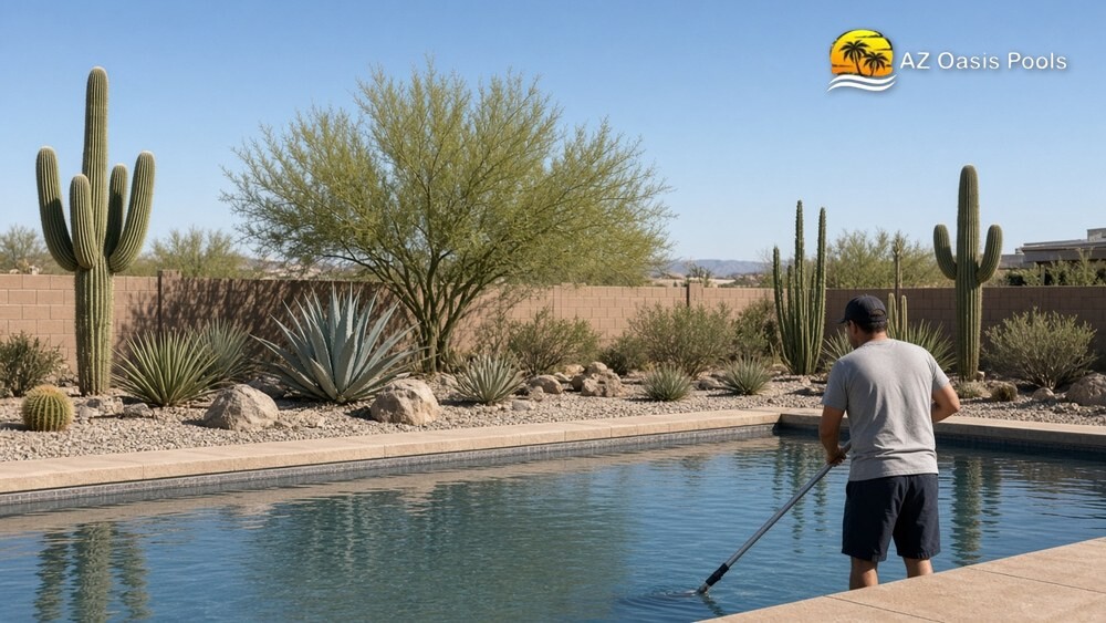Technician seen from behind skimming an Arizona backyard pool with saguaro, agave and desert landscaping