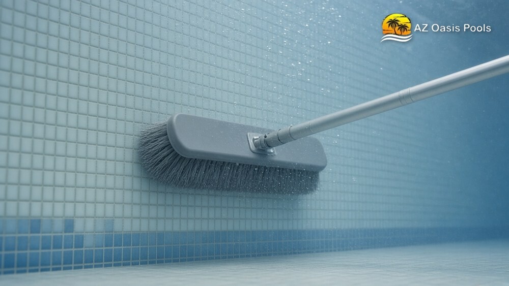 Pool brush on an aluminum pole scrubbing a tiled pool wall underwater
