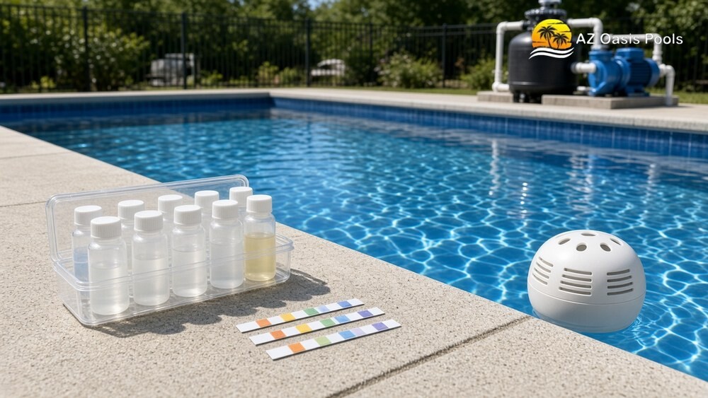 Pool water test kit, test strips and chlorine floater beside a clear pool with pump and filter behind
