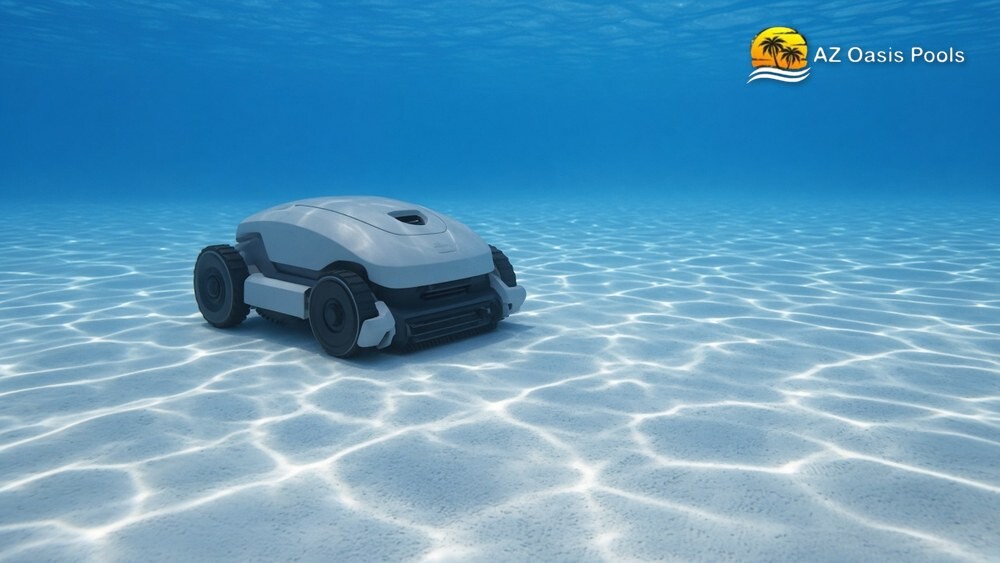 Robotic pool cleaner moving across a clean pool floor underwater with sunlight ripples